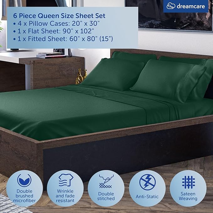 DREAMCARE Queen Sheet Set – 6 pcs Cooling Bed Sheets – up to 15” Deep Sheets Queen Size Bed Set – 2500 Supreme Collection – Extra Soft 100% Brushed Microfiber Hotel Luxury with Side Pocket – E Green