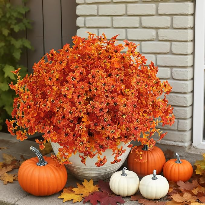 SHareconn 40 Bundles Artificial Fall Flowers for Outdoors Decoration, Fake Silk Daisy Realistic Faux Plants UV Resistant for Planter Home Porch Patio Autumn Indoor Outside Decor, Sunset Red Orange