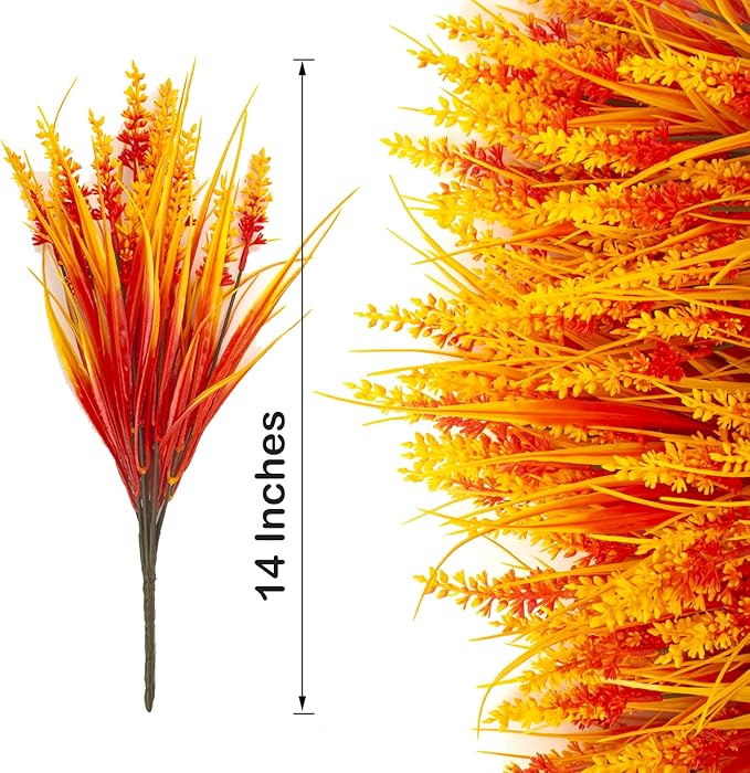 20 Bundles Artificial Plants Outdoor Fake Monkey Grass with Flowers (Fall Orange)