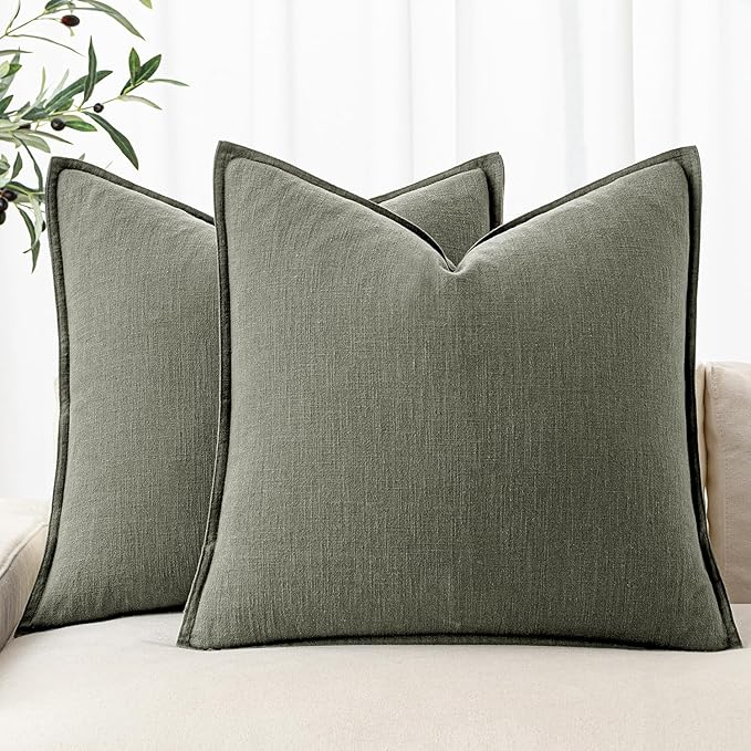 MIULEE Decorative Linen Pillow Covers 18x18 Inch Olive Green Boho FarmhouseNeutral Couch Throw Pillows for Bed Pack of 2 Accent Outdoor Pillowcase Modern Sofa Cushion Livingroom Home Decor