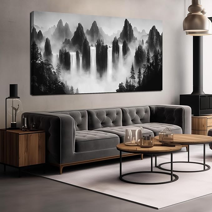 Mountain Canvas Wall Art for Living Room Large Size Black and White Pictures for Wall Waterfalls Wall Art for Office 29 x 58 Inches