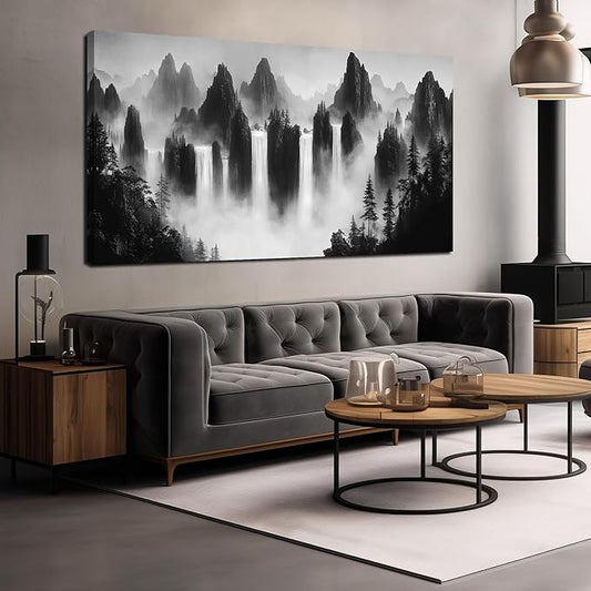 Mountain Canvas Wall Art for Living Room Large Size Black and White Pictures for Wall Waterfalls Wall Art for Office 29 x 58 Inches
