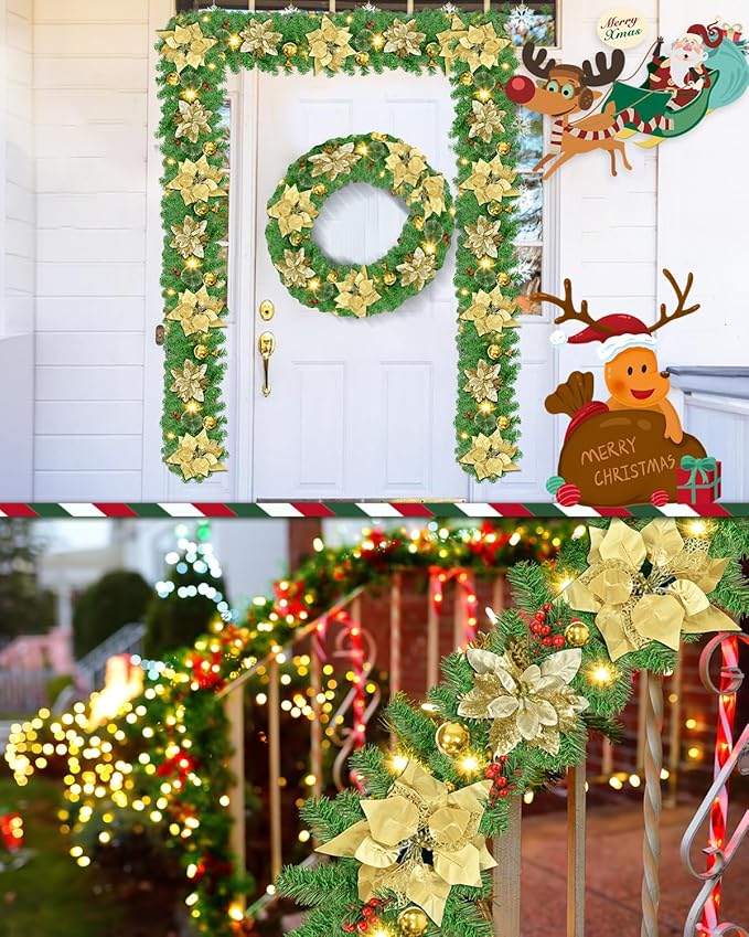 Christmas Garland, 9ft Pre-lit Christmas Decorations Garland with Lights for Front Door, Artificial Green Rattan, for Xmas Tree, Mantel Stairs Home Indoor Outdoor Christmas Decor Wreath (Gold)