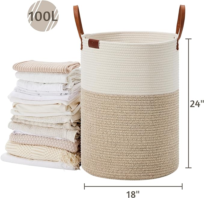 VIPOSCO Tall Laundry Basket, Large Dirty Clothes Hamper with Leather Handle, Woven Rope Storage Basket for Blanket, Toy In Living Room, Bathroom, Bedroom - 100L White & Brown