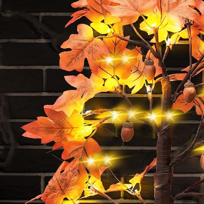Fall Maple Leaf Table Lighted Tree - Thanksgiving Decorations 2 Pack Home Decor with 48 LED Lights for Indoor Outdoor Room Decoration Artificial Harvest Autumn Trees Battery Operated for Home Party