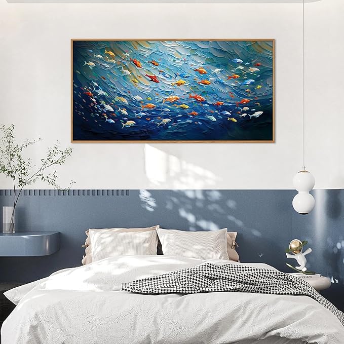 CHDITB Ocean Canvas Wall Art, 20"X40" Large Sea Fish Painting, Navy Blue Marine Fish Wall Decor, Colorful Fishes Artwork for Living Room, Bedroom, Office, Modern Home Decor