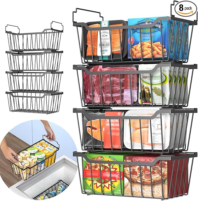 Goovilla Freezer Organizer Bins with Foldable Handle, 8 Pack Stackable Freezer Baskets for 3.5-7 Cu.FT Deep Chest Freezer Organization, Coated Metal Freezer Storage Bins with Better Space Utilization