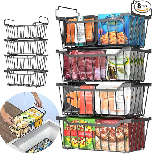Goovilla Freezer Organizer Bins with Foldable Handle, 8 Pack Stackable Freezer Baskets for 3.5-7 Cu.FT Deep Chest Freezer Organization, Coated Metal Freezer Storage Bins with Better Space Utilization
