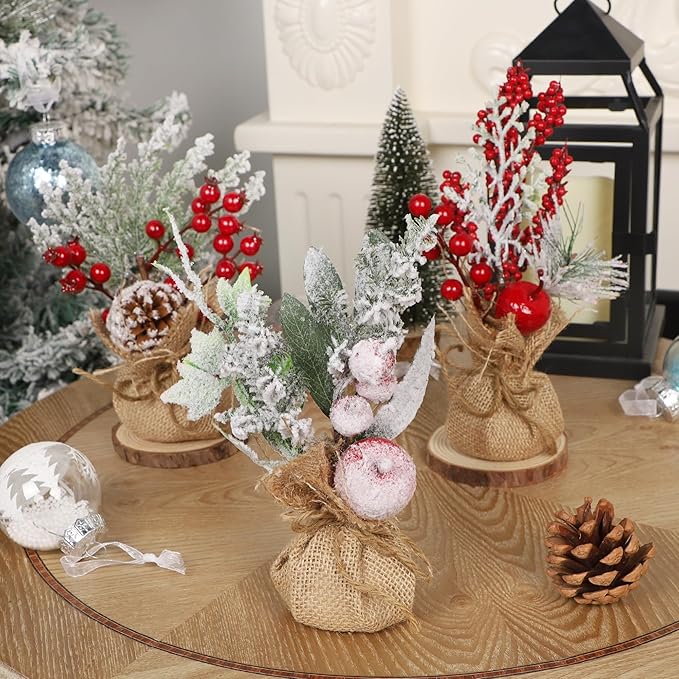 winemana 6 Pcs Mini Christmas Tree Table Decorations, 9" Small Artificial Trees with Red Berries Pine Cone Tabletop Centerpiece for Home Office Room Holiday Decorations