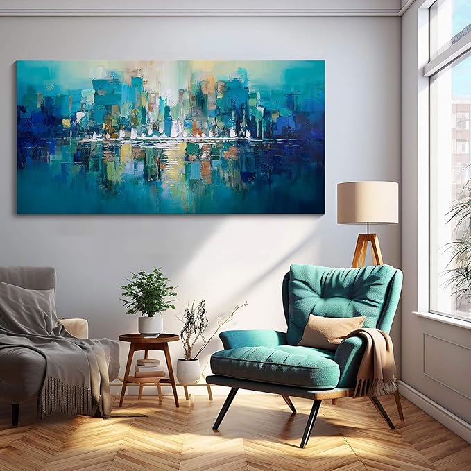 Large Wall Art for Living Room - Abstract Wall Decor Framed Picture Artwork for Wall Decorative Paintings Teal and White Modern Office Bedroom Art