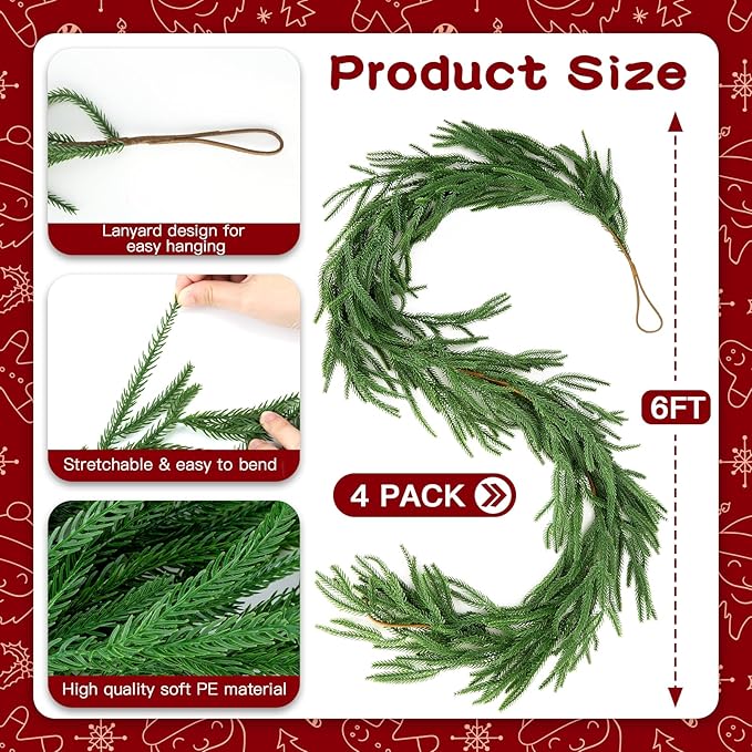 Artificial Norfolk Pine Garlands,Real Touch Artificial Greenery Garland for Table, Mantle, Wall,Indoor Outdoor Holiday Winter Christmas Decorations (4, 6FT)