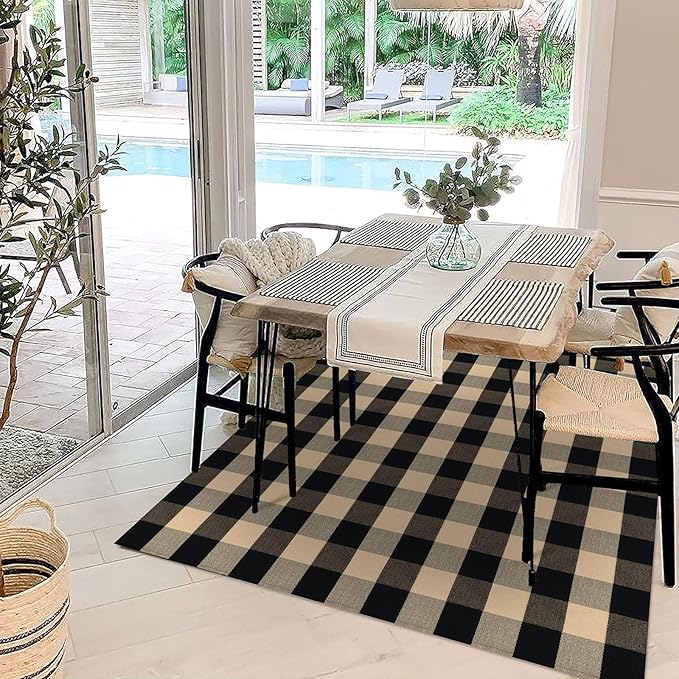 KOZYFLY Buffalo Plaid Area Rug 5 x 7 Ft Brown and Black Checkered Rug Washable Outdoor Patio Rugs Cotton Rugs for Living Room Carpet for Dining Room Bedroom Farmhouse