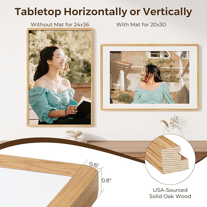 24x36 Poster Frame for Wall, 24 by 36 Picture Frame - Solid Oak Wood & Tempered Glass, Rustic 24 x 36 Wood Frame for Home Decor, 23x36 Picture Frame with Mat for 20x30, Natural Oak Color, 1 Pack