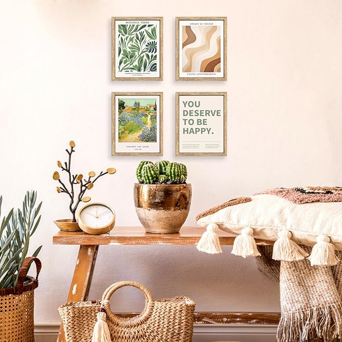 GUMEYJIA Modern Wall Art Print Set 4 Piece Wall Decor Collection Botanical Verde Desert Contemporary Van Gogh Garden Inspirational Quote Wood Frame (8"x10")