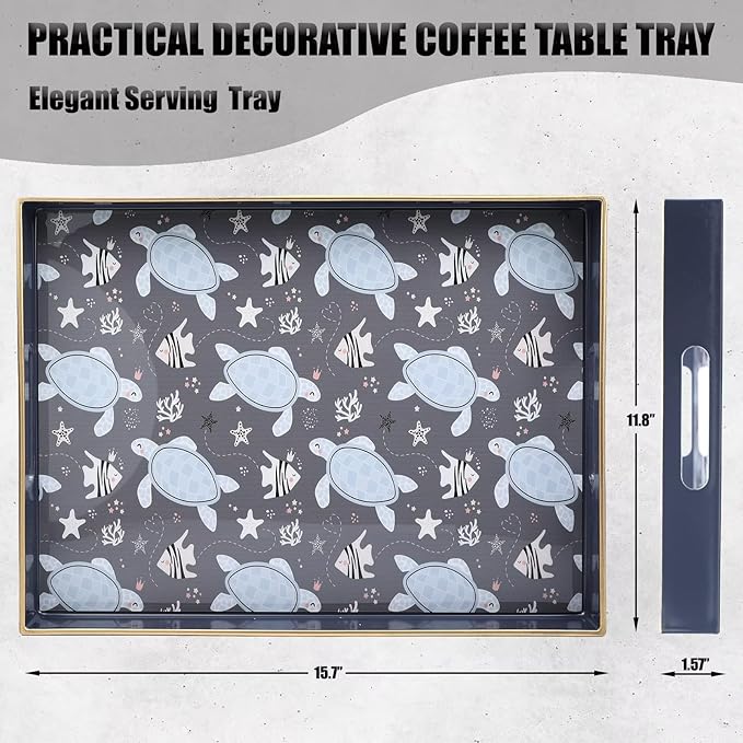 Spsyrine Decorative Serving Tray with Handles, Blue Lacquered Coffee Table Tray for Ottoman, Rectangle Waterproof Platters for Centerpieces, Parties, Living Room, Kitchen Counter Organization Turtle