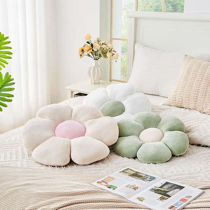 Beige Flower Pillow, 17.7" Cute Flower Shaped Floor Pillow, Aesthetic Floral Plush Daisy Decorative Throw Pillows for Bed Sofa Couch