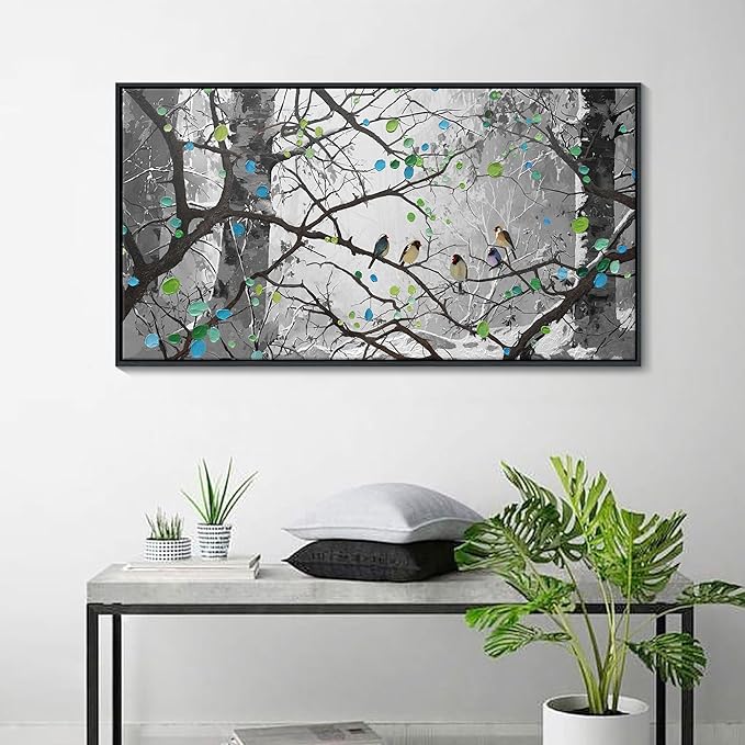 Grey Wall Art Bird on Branch Misty Forest Canvas Artwork Modern Framed Canvas Painting Decorative Wall Art Home Decor Can Be Hung Directly Dining Room Living Room Bedroom Office Size 24x48 Inches