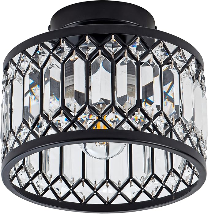 Crystal Ceiling Light Fixture, Modern Semi Flush Mount Ceiling Light,Crystal Chandelier for Kitchen Bedroom Bathroom Entryway Black (Bulb not Included)