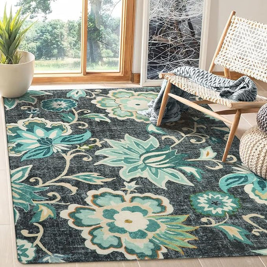 Lahome Floral Machine Washable Area Rugs - 5 x 7 Rugs for Living Room Non-Slip Lightweight Carpet for Bedroom Throw Soft Boho Rug, Blue Paisley Print Indoor Floor Rug for Office Dining Room Kitchen