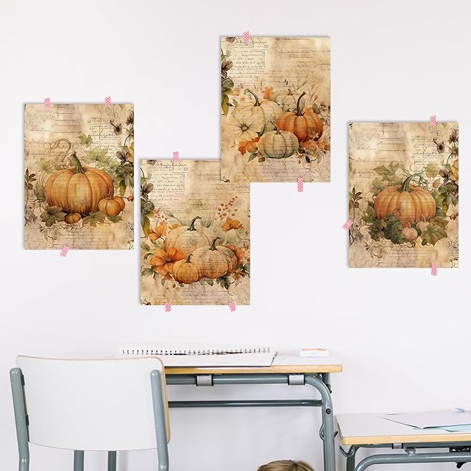 HRQKO Vintage Fall Wall Art Poster Prints Set of 4, Pumpkin Farmhouse Artwork for Home Bedroom Kitchen Decor, 12"x16" Unframed