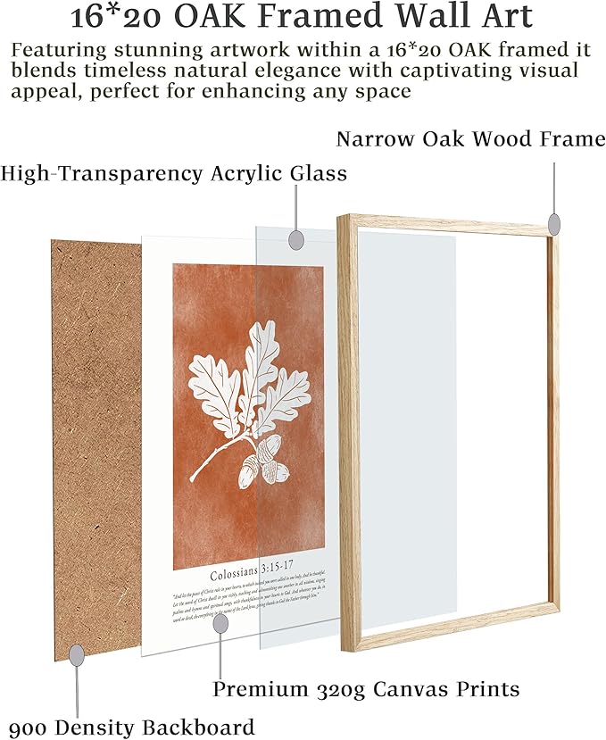 EcoHest Vintage Christian Fall Framed Wall Art, Large 16x20 in OAK Wood Burnt Orange Bible Verse Canvas Wall Art,Botanical Scripture Colossians Faith Home Decor, Set of 1 for Bedroom Living Room