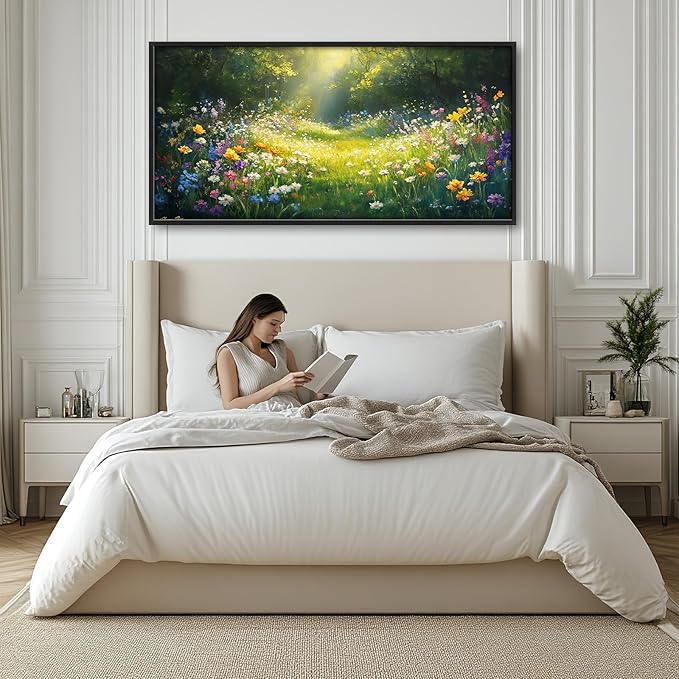 Green Forest Wall Art for Living Room, Large Green Canvas Wall Decor, Wildflowers Flowers Pictures Framed Painting, Landscape Artwork for Bedroom Office Home Decor 60L'' × 30W''