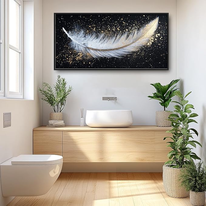 Flintis Large Feather Framed Wall Art White and Gold Feather Pictures Wall Decor Abstract Modern Canvas Painting Print Artworks Decor Framed for Living Room Bathroom Master Bedroom 60L X 30W
