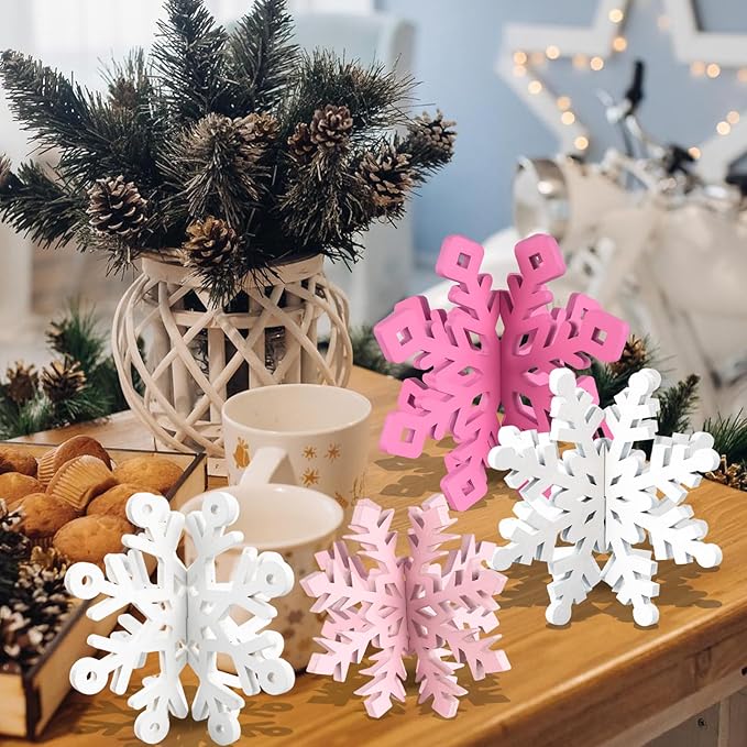 OuMuaMua 6 Set Snowflake Christmas Table Decorations - 12pcs Pink White Wooden 3D Snowflake Decor Tabletop Centerpiece for Christmas Party Supplies Home Decor
