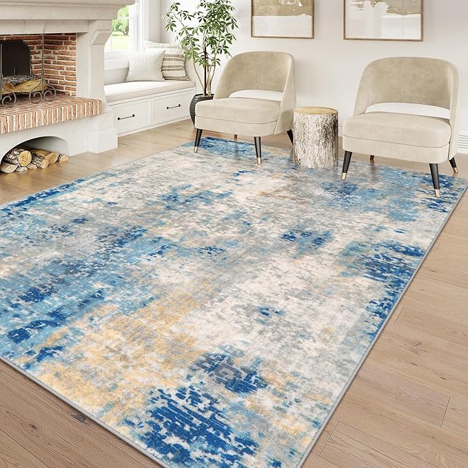 Lahome Modern Abstract 9x12 Area Rugs for Living Room, Washable Living Room Rug for Bedroom Low Pile Non Slip, Soft Indoor Accent Carpet for Dining Room Table Apartment, Blue/Grey