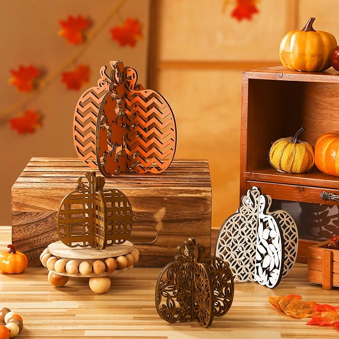 Soaoo 12 Pcs Fall Wooden Table Signs Pumpkin Wood Decoration Thanksgiving Tiered Tray Decor Thanksgiving Table Centerpieces Block Sign Farmhouse Decorations for Home Party