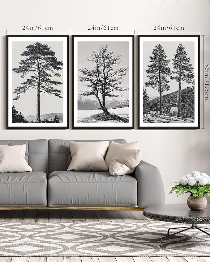 KUVIOKE Vintage Black Gray Forest Wall Art Framed Antique Retro Tree Prints Modern Rustic Artwork Bedroom Living Room Ready to Hang 24x36in (Black Framed)