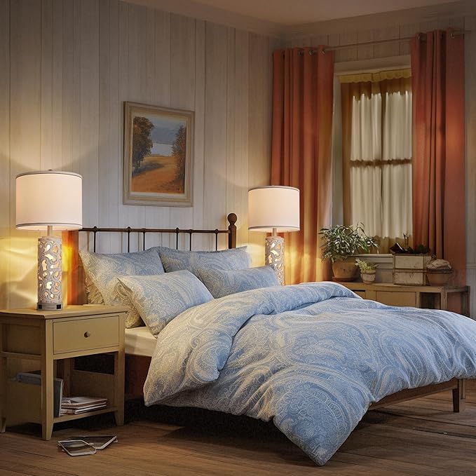 AIDENOEY Set of 2 Table Lamps with Night Light, 28" Farmhouse Table Lamp with USB A+C Ports,White Ceramic Bedside Lamp with Fabric Shade for Living Room,Bedroom,Home,Office(2 Bulbs Included)