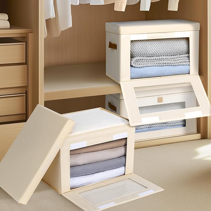 Large Closet Storage Bins - Collapsible Clothing Organizer with Handles & Window, Decorative Bin with Lids, Linen Closet Organizers for Living Room, Dorm, 6 Pack, Beige