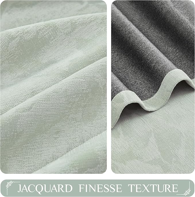 Beauoop Green Floral Jacquard Blackout Curtains 108 Inches Long 2 Panels for Bedroom Living Room Sage Flower Chenille Room Darkening Thermal Soundproof Grommet Window Treatments Drapes, 52x108