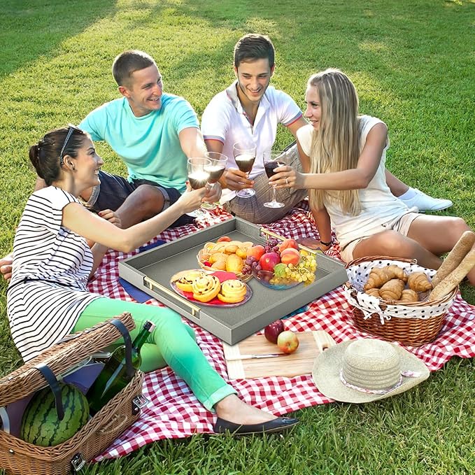 Faux Leather Serving Coffee Tray with Gold Handles,Gray Rectangle Decorative Trays for Home Decor Large Ottoman Tray for Living Room