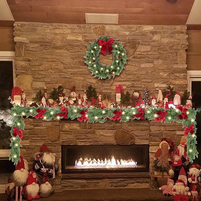 9ft Christmas Garland with Lights,Lighted Cedar Garland for Mantle,Prelit Real Touch Artificial Green Christmas Winter Garland with Large Burgundy Velvet Bow for Indoor Outdoor Decor