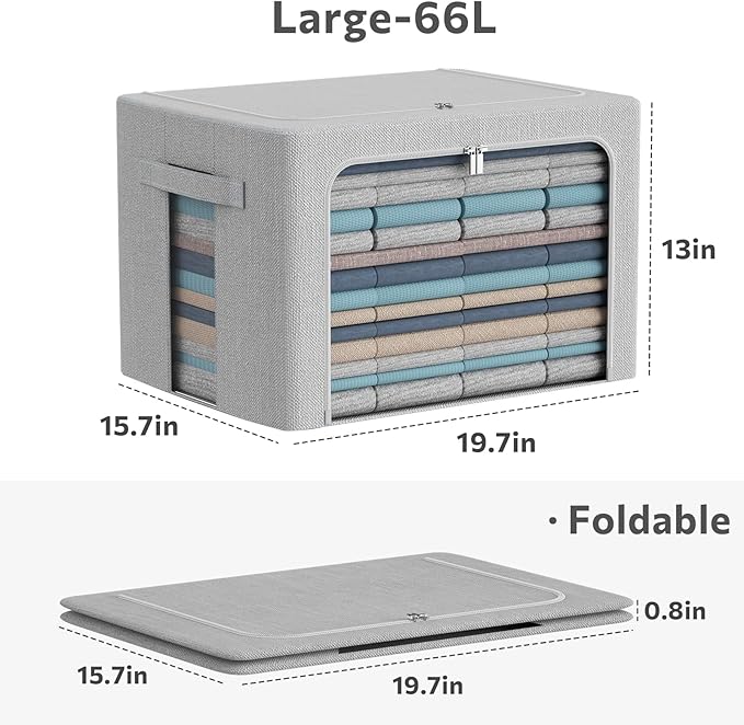 3Pack Foldable Storage Bins - Frame Storage Box Linen Fabric Stackable Clothes Container Organizer with Clear Window & Carry Handles Large Capacity (Large-66L, Light Grey)