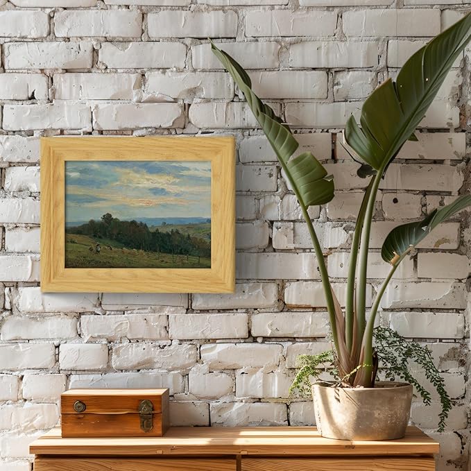 Brivoria Framed Canvas Wall Art Vintage Decor, Rustic Autumn Countryside Landscape with Farmers Fields Trees and Sunset Glow for Kitchen Entryway Bookshelf Office or Tabletop Seasonal Display, 8"x10"