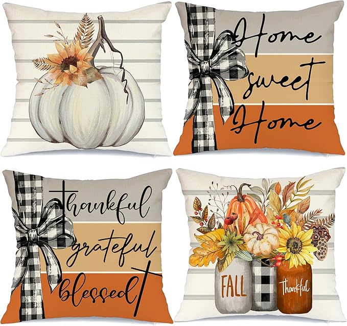 AACORS Fall Pillow Covers 16 x 16 Inch Set of 4, Pumpkin Home Sweet Home Thankful Grateful Blessed Harvest Floral Decorations Autumn Seasonal Pillow Case Decor for Sofa Couch AA557-16