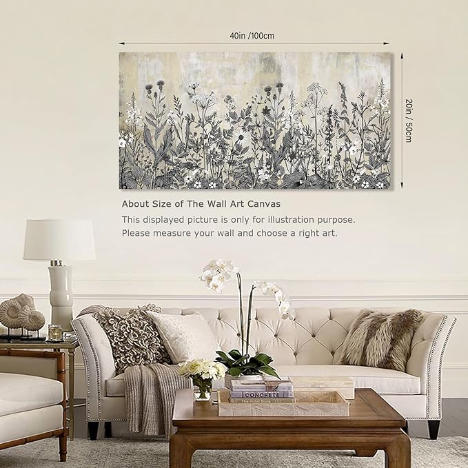 NINEASO Botanical Canvas Wall Art - Wildflower Pictures Vintage Grey Brown Floral Wall Decor Rustic Beige Print Flower Plants Painting Artwork for Living Room Bedroom Home Office Decorations 20" x 40"