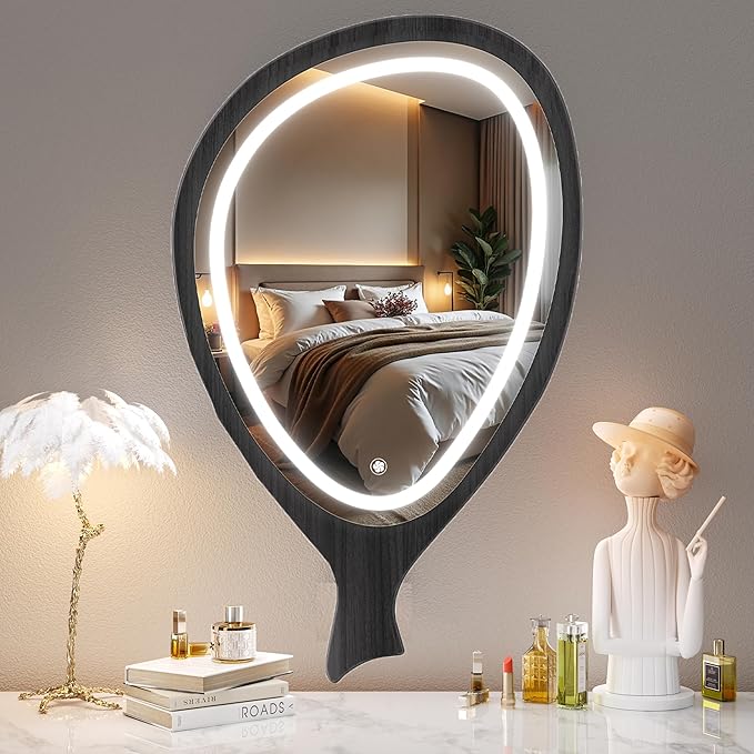 Irregular Asymmetrical Wall Mirror with LED Lights，3colors Hanging Mirror with Lights for Living Room Bathroom Entryway, Modern Decorative Mirror Hanging Black 30x18in