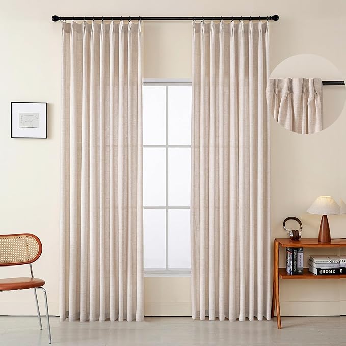 Dark Oatmeal Thick Linen Semi Sheer Pinch Pleated Curtains 84 Inches Long, 50 Inches Width, Farmhouse Light Filtering Drapes Set of 2, Window Curtain with Hooks