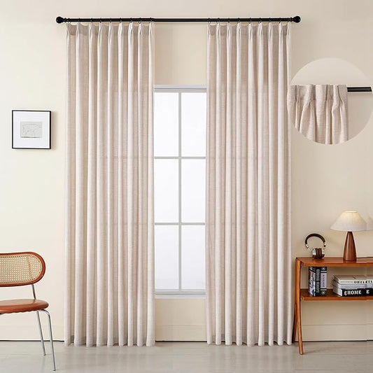 Dark Oatmeal Thick Linen Semi Sheer Pinch Pleated Curtains 108 Inches Long, 50 Inches Width, Farmhouse Light Filtering Drapes Set of 2, Floor to Ceiling Window Curtain with Hooks