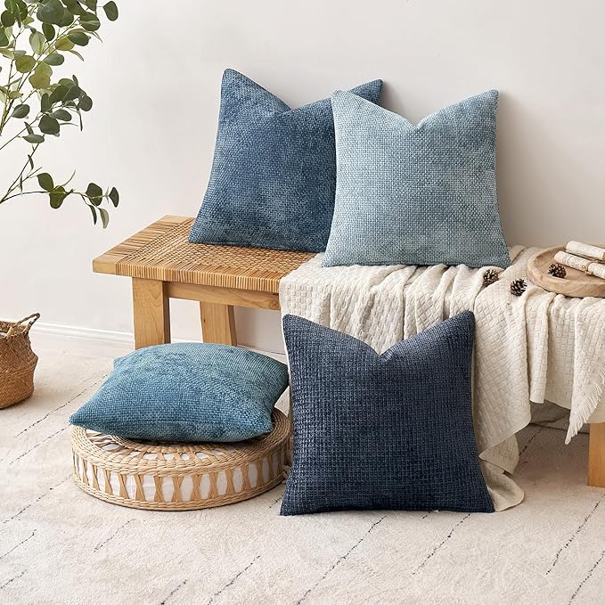 MIULEE Pack of 4 Couch Throw Pillow Covers 24x24 Inch Neutral Blue Soft Decorative Chenille Pillow Covers Farmhouse Accent Cushion Covers for Boho Western Home Coastal Decor Sofa Bedroom Living Room