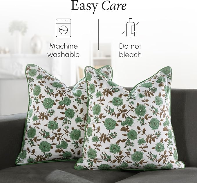 CPC 100% Cotton Throw Pillow Covers 24x24 Inch, Set of 2 Green Block Print Pattern Couch Pillow, Cute Boho Decorative Pillows for Living Room, Bedroom with Hidden Zipper- Moss Green