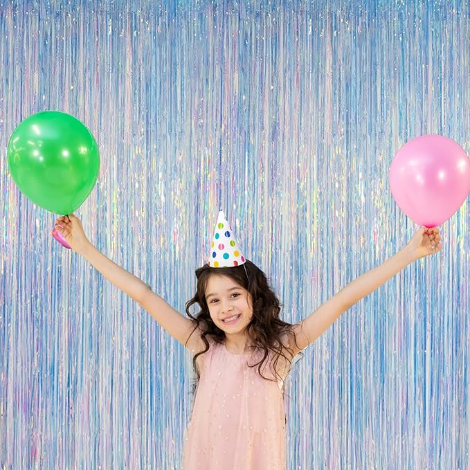 Melsan Iridescent Foil Fringe Backdrops Party Decorations - 2 Pack 3.2 x 6.5 ft Metallic Tinsel Photo Backdrop Curtains for Mermaid Unicorn Birthdays Parties - Iridescent 2 Packs