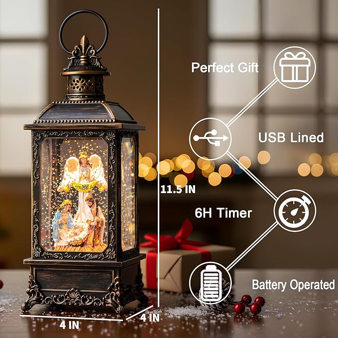 Christmas Snow Globes, Manger Snowflake Ball Nativity Scene, Silent Night Music Water Lantern, USB Powered & Battery, Holiday Decorations Gifts for Family, Children or Friend