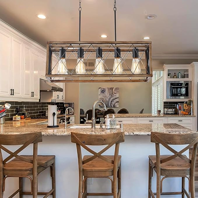 Farmhouse Light Fixtures,5-Light Dining Room Light Fixture,Height Adjustable, Industrial Metal Kitchen Pendant Lighting Over Island, Chandelier for Dining Table Kitchen Sink, Wood Grain Finish.