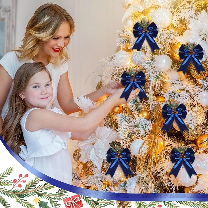 Syhood 6 Pcs Christmas Bows with Pine Cones Pine Needles Xmas Blue Velvet Bows Blue Velvet Ribbon Christmas Tree Wreath Decoration for Xmas Parties Indoor Outdoor Crafts DIY Decor