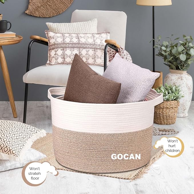 Extra Large Laundry Basket toy storage 22"X22"X14" blanket basket Cotton Rope Woven Baskets with Handles for Living Room (Brown/Beige) XXXL